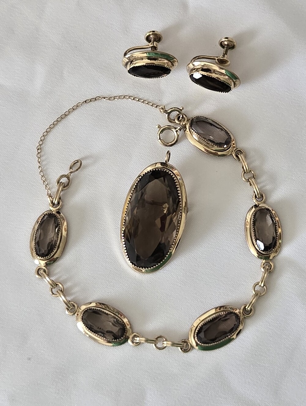 Curtis Creation Jewelry Set Smokey Quartz Stones Pendant Bracelet Earrings